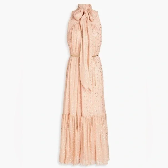 ZIMMERMANN SLEEVELESS TIE NECK DRESS Size 2 Blush Gold MIDI Party Glitter Dress - Picture 3 of 13